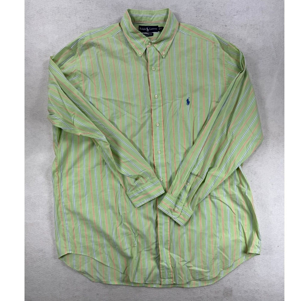 Ralph Lauren Classic Fit Mens 17 34/35 Green Orange Striped Button Down Shirt - Picture 2 of 7